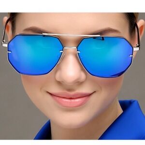 Rimless Sunglasses Blue Mirror Flat Lens Fashion Women Aviator Style Beach Gafas